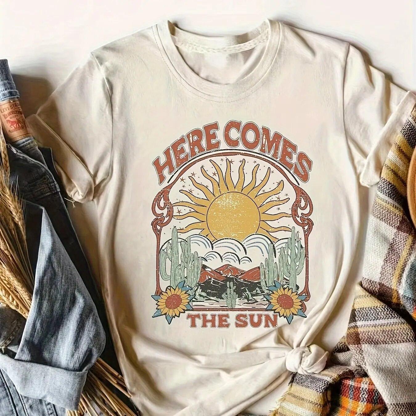

Футболка с принтом солнца и кактусов, повседневный топ с круглым вырезом с короткими рукавами, WoUnisex Одежда унисекс S
