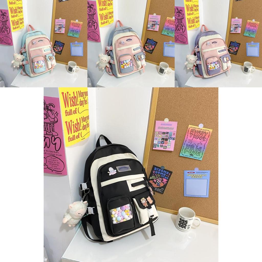 Zaino Studente Color Block alla Moda Con Ciondolo Palla Colorata e Spilla Decorativa Per Viaggi Casual e Uso Quotidiano