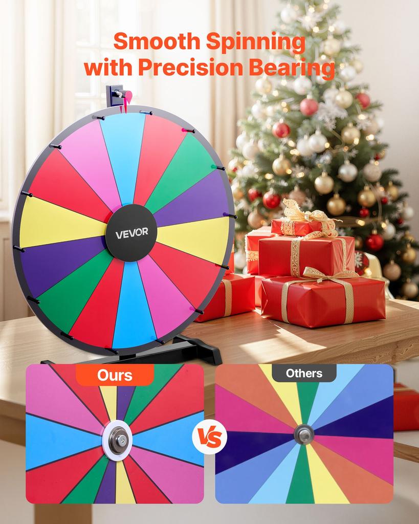 VEVOR 610 mm Spinning Prize Wheel, 14 Slots Spinning Wheel with Stand, Tabletop Win Fortune Roulette with a Dry Erase and 2 Markers, 6 Colors