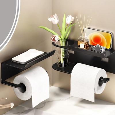 Multi-functional Toilet Paper Holder Space-Saving with Storage Shelf Wall Mount Tissue Roll Rack Carbon Steel Waterproof