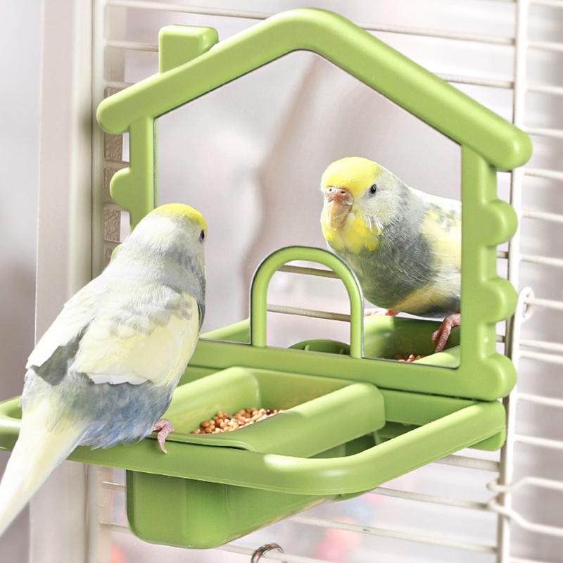 Multifunctional Bird Perches Mirror and Food Dish Stand for Bird Cages Safe Plastic Promoting Activity and Curiosity