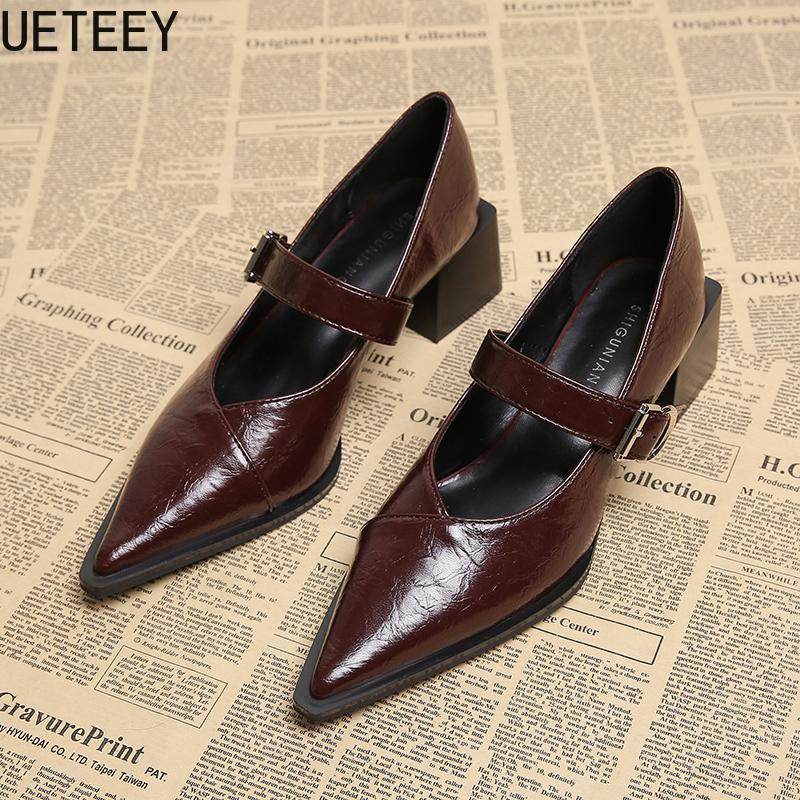 Fashion Designer Vintage Pointed Toe Women Mary Jane Shoes Fashion Shallow Buckle Shoes Spring Ladies Elegant Dress Thick Heel Shoes