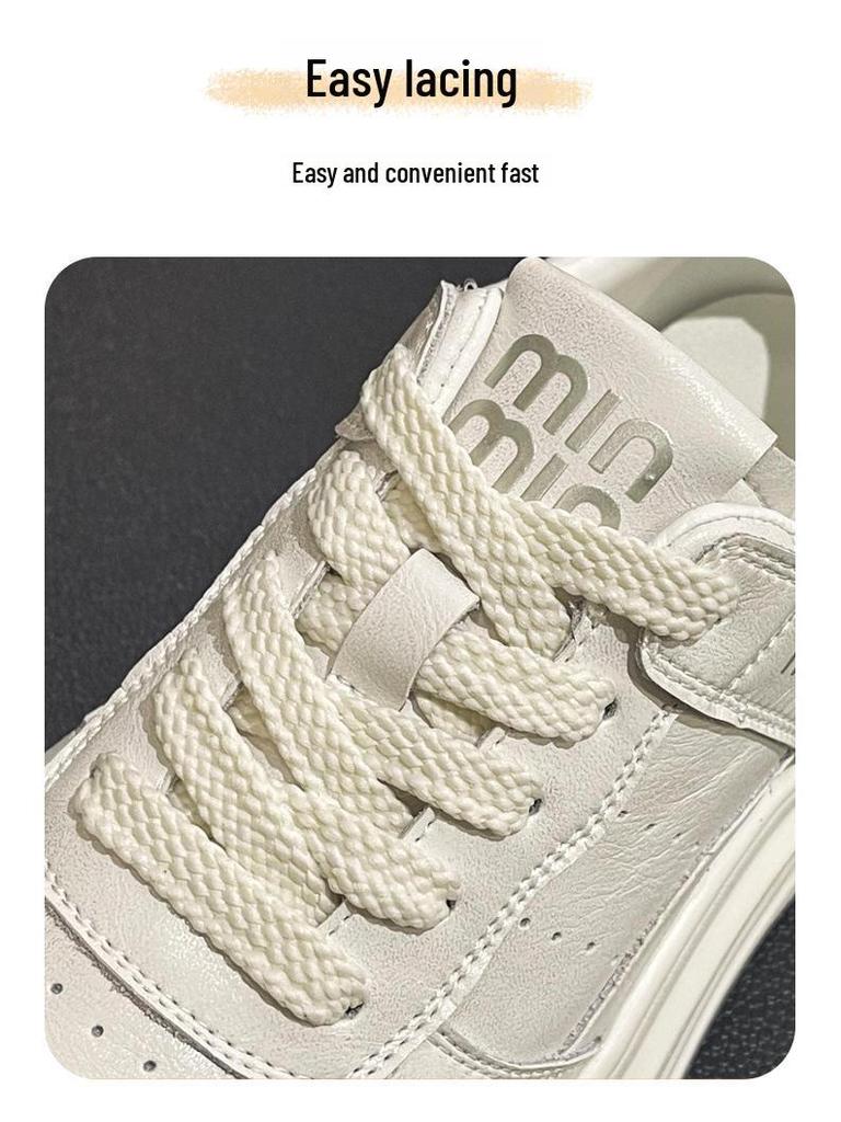 Women's Trendy White Genuine Leather Platform Sneakers - 2025 Spring/Autumn - Height-Enhancing, Thick-Soled, Lace-Up, Street-Style