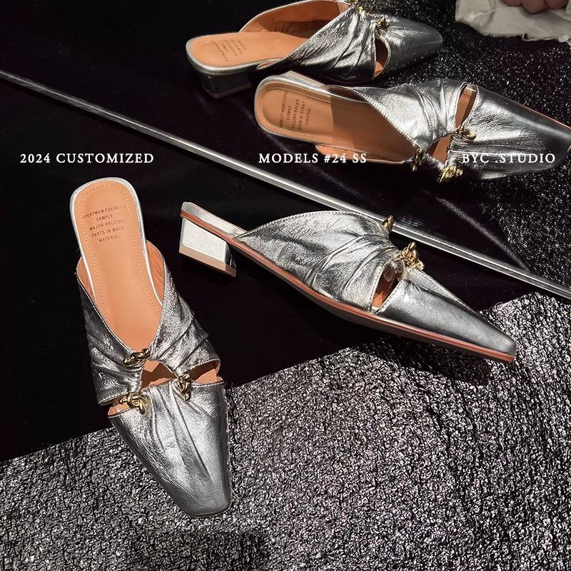 

Туфли Baotou на низком каблуке для женщин 2024 года, новинка, горячая распродажа, летняя модная женская обувь из резины, повседневные туфли из искусственной кожи, Zapatos Para Mujeres 40 серебряный