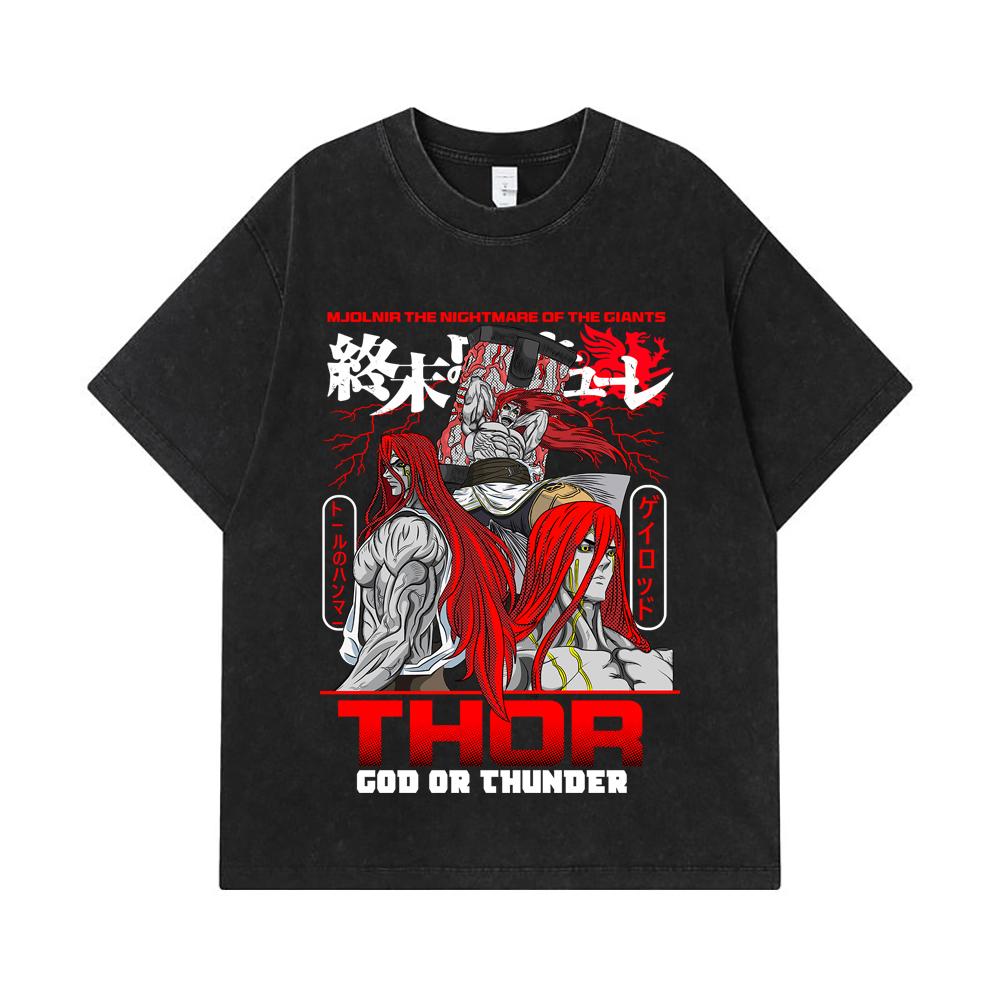 275 GSM Washed T-shirts 100% Cotton Record of Ragnarok V1 Thor Print Unisex Heavy Cotton T Shirt