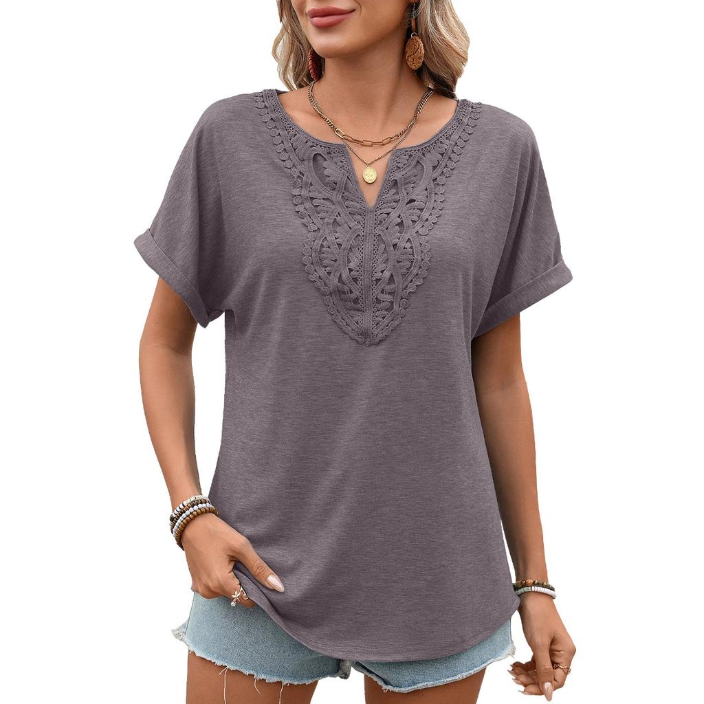 Spring Summer New Women's Solid Color V-Neck Lace Trim Loose Short Sleeve T-shirt Top For Cross-border Trade