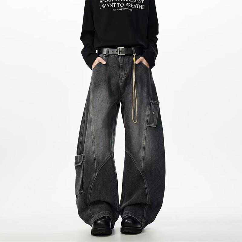 American Men's Casual Pockets Cargo Baggy Jeans High Street Fashion Denim Pantalones Hombre Spliced Straight Wide Leg Jean
