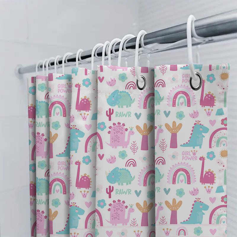 Unicorn Dinosaur Shower Curtain For Kids Bathroom Decor Girls Pink Rainbow Colors Custom Name Print Waterproof Fabr