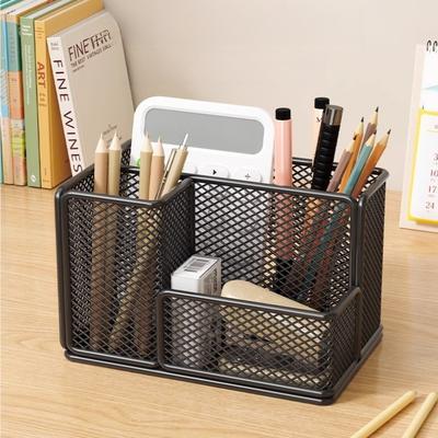 Iron Mesh Pen Holder Large Capacity Multifunctional Storage Box Office Desktop Storage Rack Student Desk Storage Basket Stationery Organizer Rack