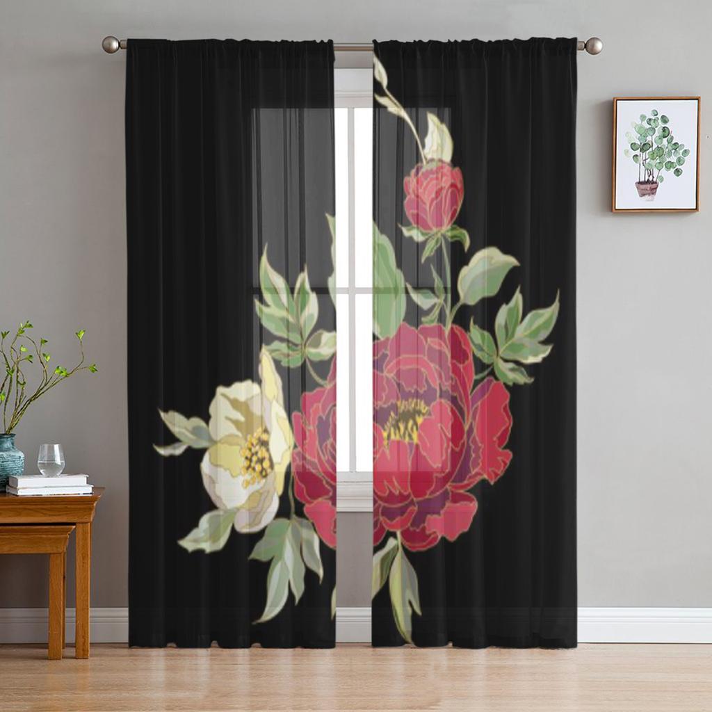 Rote Pfingstrosenblüten Schwarze Transparente Vorhänge für Wohnzimmer Durchsichtiger Tüll Fenstervorhang Schlafzimmer Küche Heimdeko Schleier Drapierungen