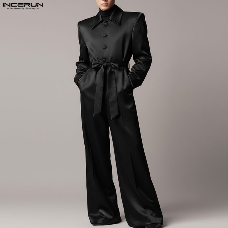 INCERUN Men Long Sleeve Buttons Bandage Jumpsuit Long Rompers Overalls