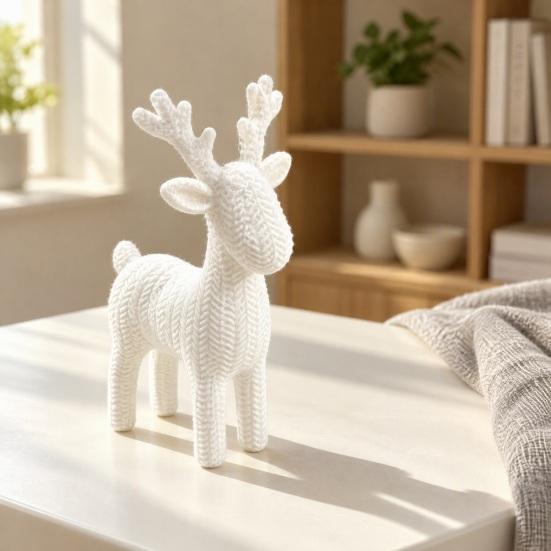 Minimalist Christmas Home Decor 3D Antler Deer Ornament for Decor, White Knitted Modern Winter Wonderland Texture Tabletop Figurine Holiday