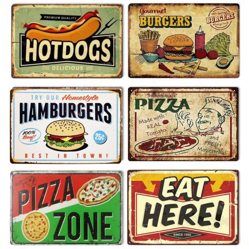 Metal Tin Poster Fast Food Vintage Tin Sign Plaque Metal Retro Plate Hot Dog Poster Wall Decor for Kitchen Cafe Diner Bar