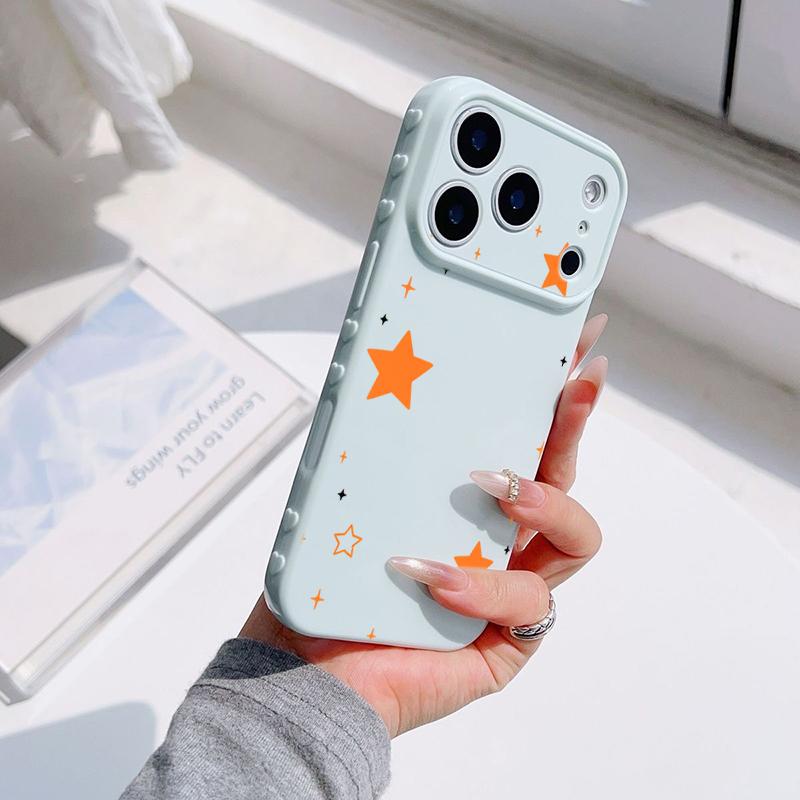 Korean Orange Star Candy Color Soft Heart Relief Side Phone Case For iPhone 17 16 15 14 13 12 11 Pro Max Plus Shockproof Cover