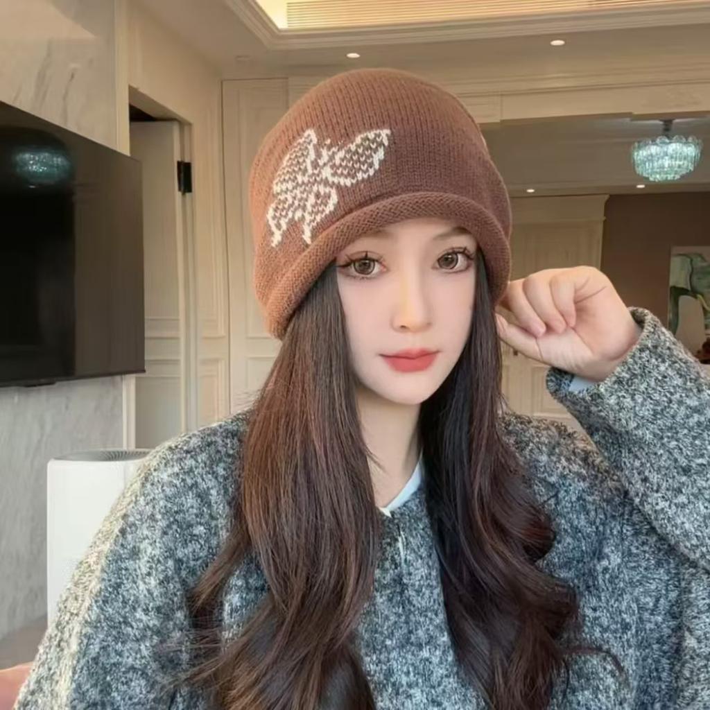 Korean-style large head circumference drawstring knitted beanie for women, with rolled edges, pullover cold hat, face-slimming head wrap, postpartum