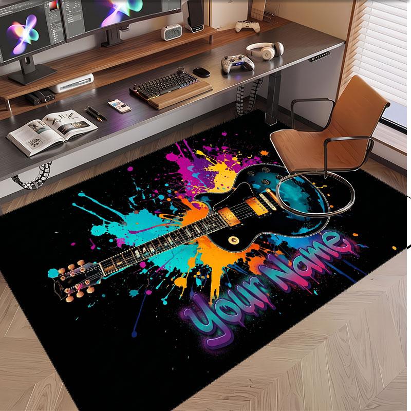 Music Guitar Theme Soft Crystal Velvet Rug Custom Name & Text Print Non Slip Floor Rug for Bedroom Living Room