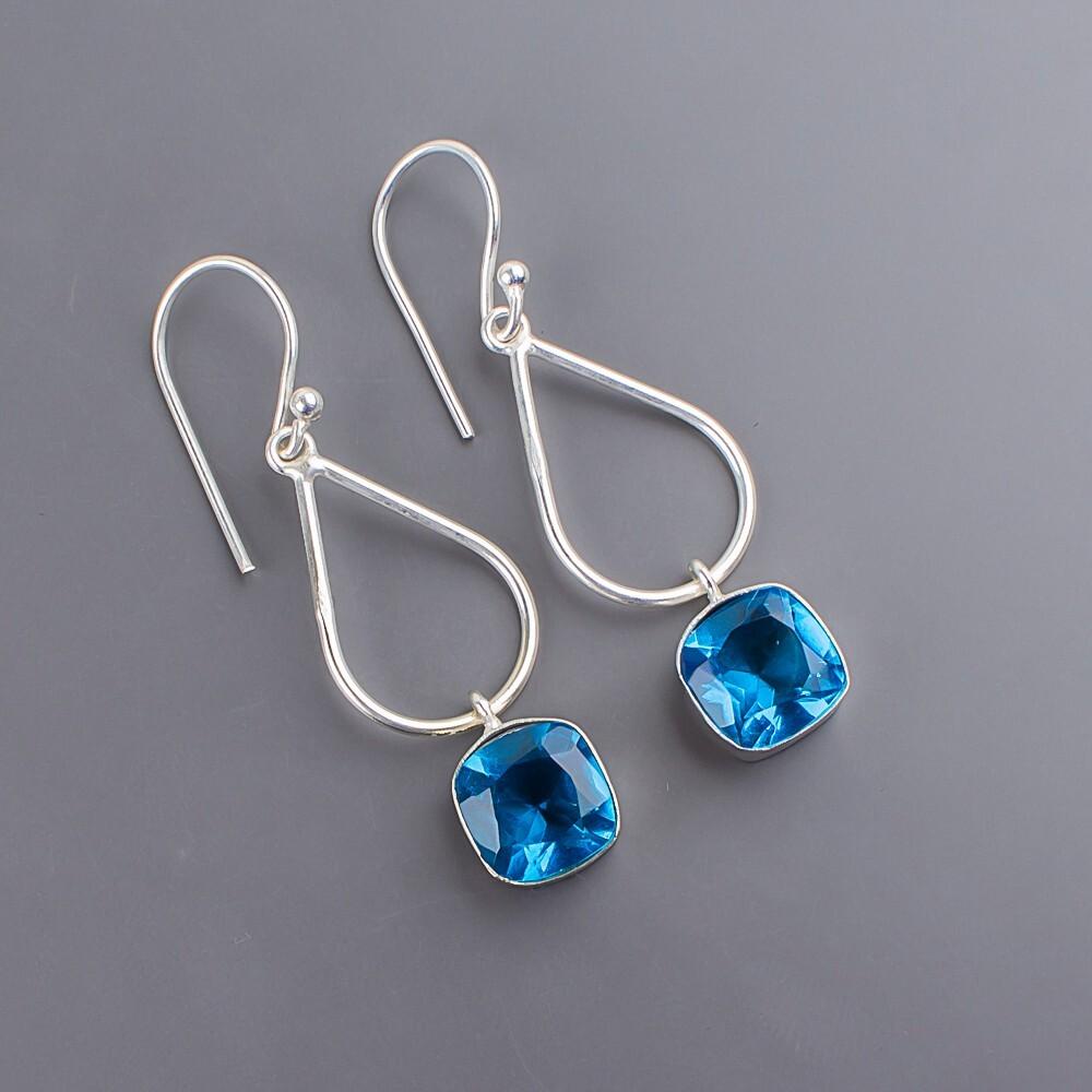 Swiss Blue Topaz Gemstone 925 Sterling Silver Handcrafted Jewelry Earrings 1.90" EE-7-9