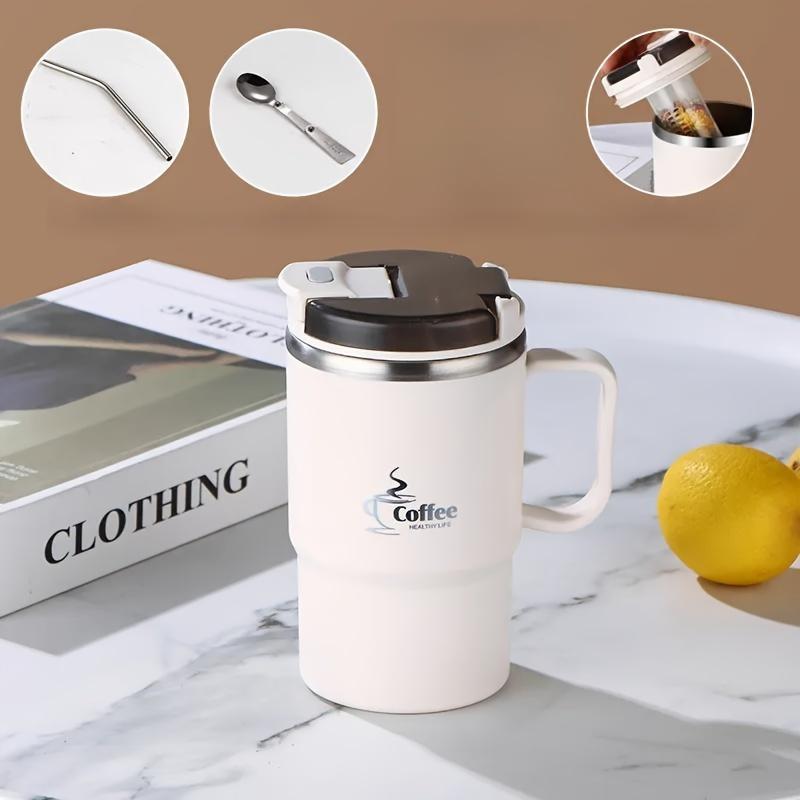 550Ml large stainless steel coffee cup with lid and spoon, reusable travel cup, no insulation, ideal for offices, students, sports, outdoor activities