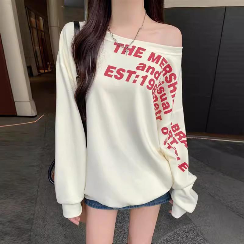 

American slanted shoulder letter printing long-sleeved sweater female Spice Girl off-the-shoulder design loose and thin top ins S (recommended within 45kg ) абрикосовый