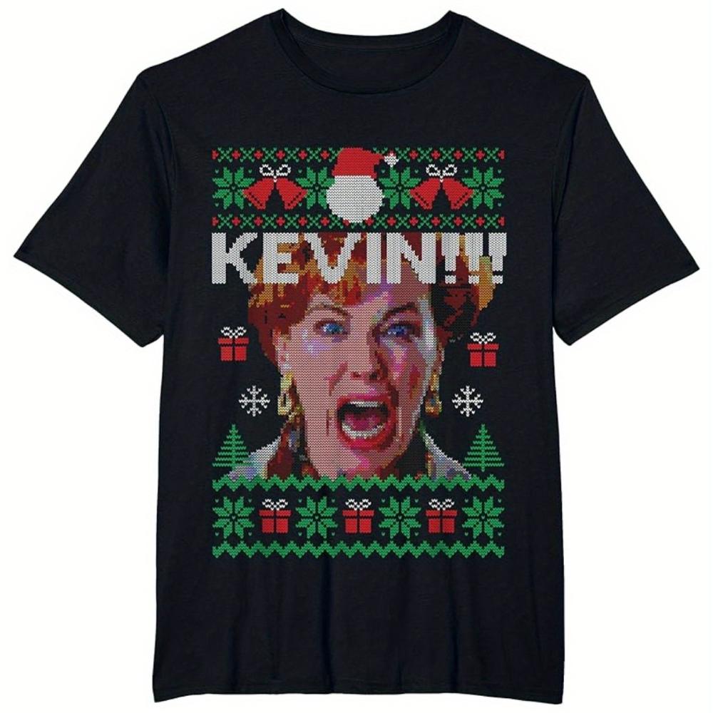 Kevin Funny Ugly TShirt A ShortSleeved Crew Neck Featuring KEVIN Graphics Santa Hat and Snowflake Motifs Perfect for Casual M