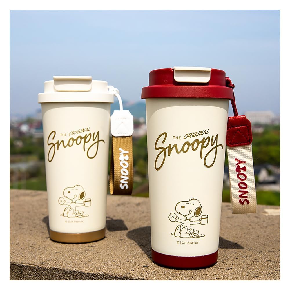 Snoopy Coffee Vacuum Insulated Stainless Steel Water Keeps Hot or Sports Direct with Lid Cup, Bottle, Cold, 530ml, Bottle, Drinking, (Red)