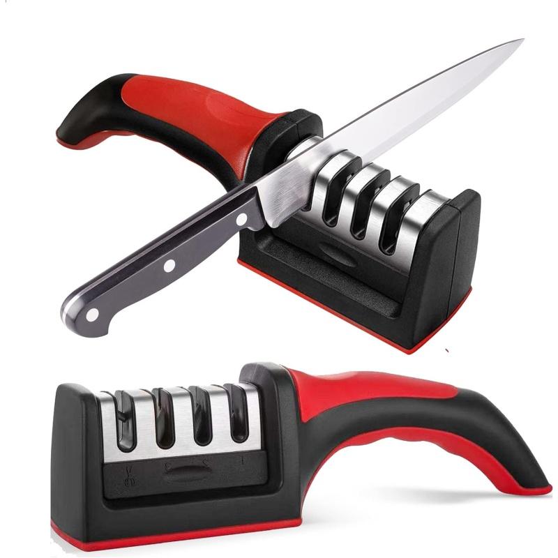 Easy and Fast Knife Sharpener, 3-Stage Sharpening System for Kitchen Knives with Non-Slip Ergonomic Handle, Safe and Efficient General size красный