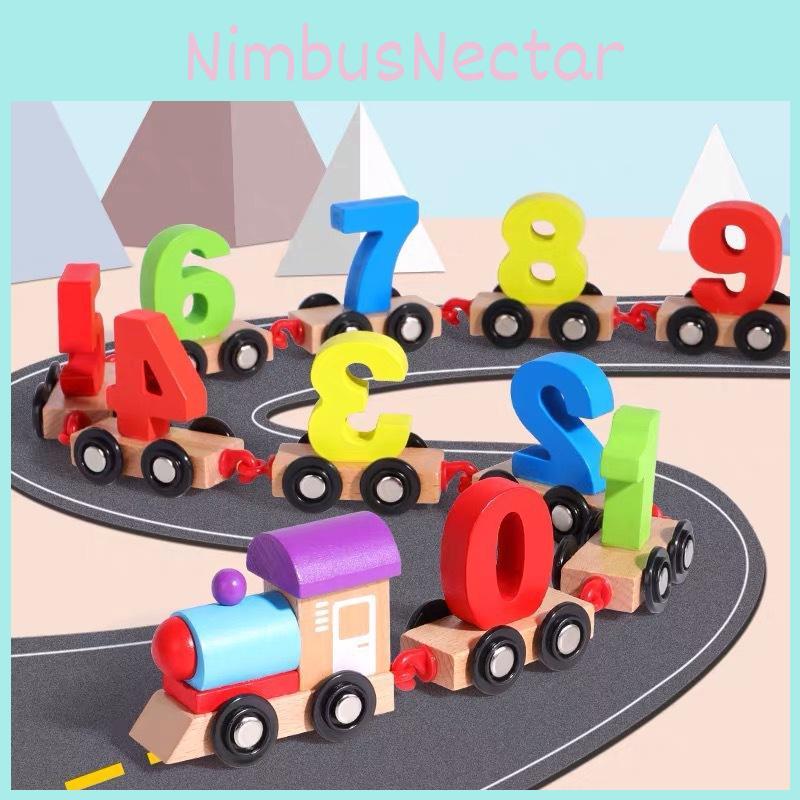 Wooden Pull Along Number Train Toy Kids Early Educational Blocks Counting