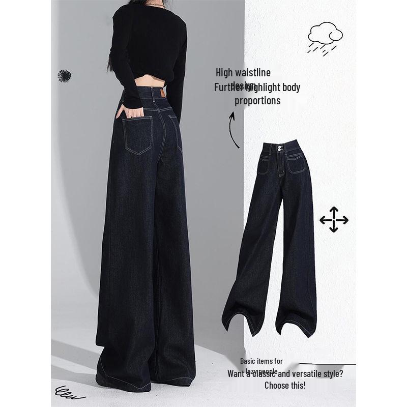 

Premium Deep Blue Wide-Leg Women s High-Waisted Straight Jeans - Petite Slimming Floor-Length for Spring and Autumn Extra Small