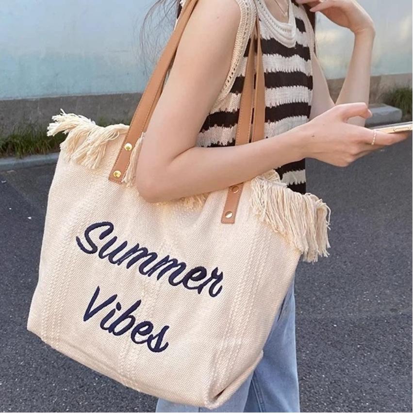 Large Capacity Handbag Woman Bag Design Simple Travel Beach Tote Bag Tassel Letter Embroidery Fashion Shoulder Bags 2025