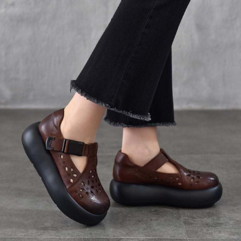 Johnature Genuine Leather Round Toe Thick Soled Women's Shoes Retro Versatile Breathable Hollow-out Platform Sandals