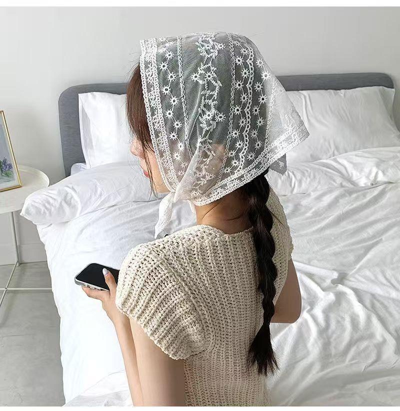 2025 Pastoral Style Lace Triangle Scarf & Plaid Ribbon Hairband