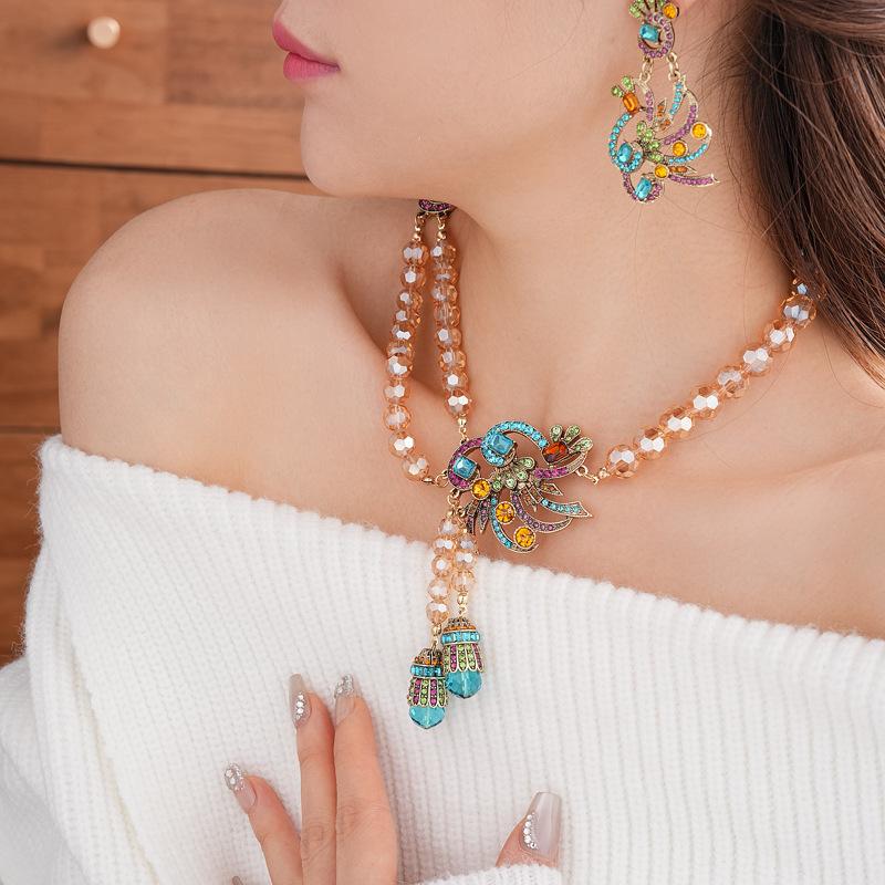 2025 Vintage Inlaid Rhinestone Jewelry Set for Women Silver Needle Peacock Flower Earrings Vintage Light Luxury Necklace for Wedding