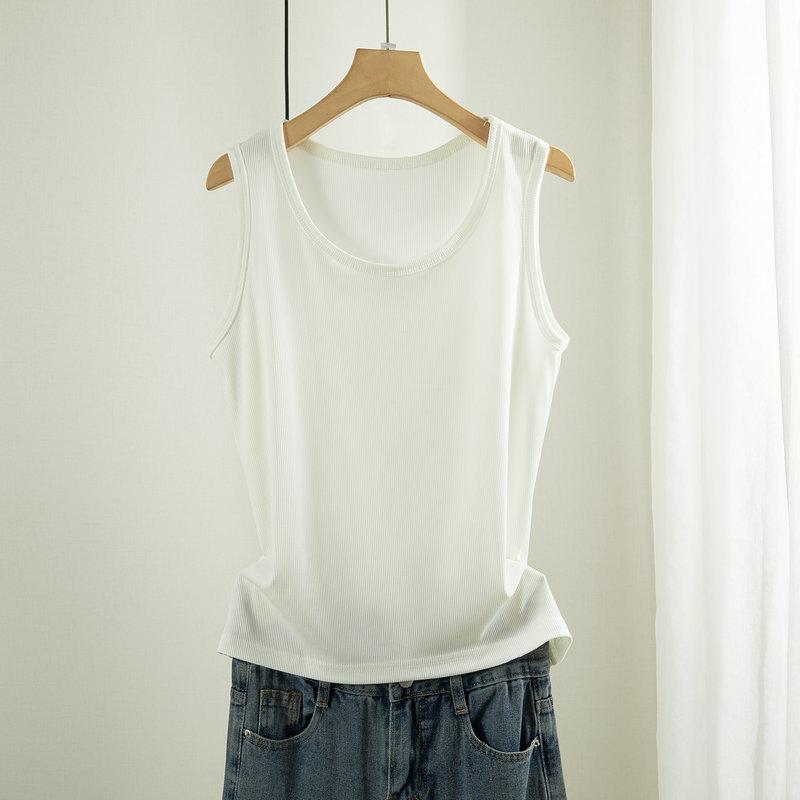 Women's Plus Size Ice Silk Ribbed Sleeveless Tank Top with Wide Shoulders, Round Neck, Ideal for Summer Outerwear or Innerwear.
