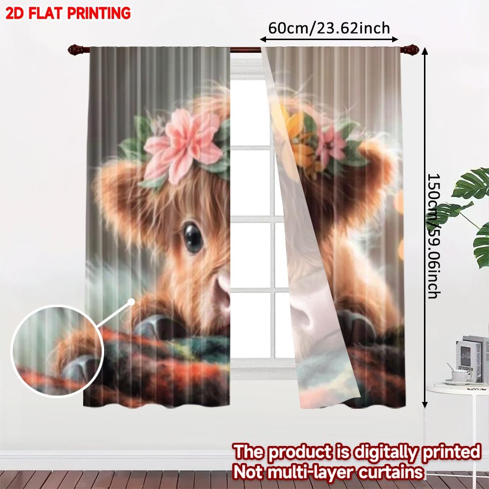 Flower Crown Cow Curtains Digital Printing Cute Blushing Pink Yellow Floral Wreath Kids Room Nursery Decor Curtain Set Of 2 Made Polyester Washable