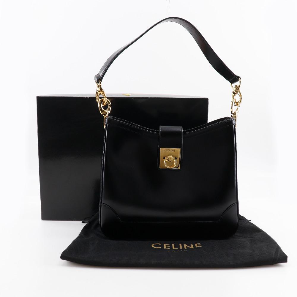 CELINE logo Shoulder Bag vintage black Calfskin Women Used