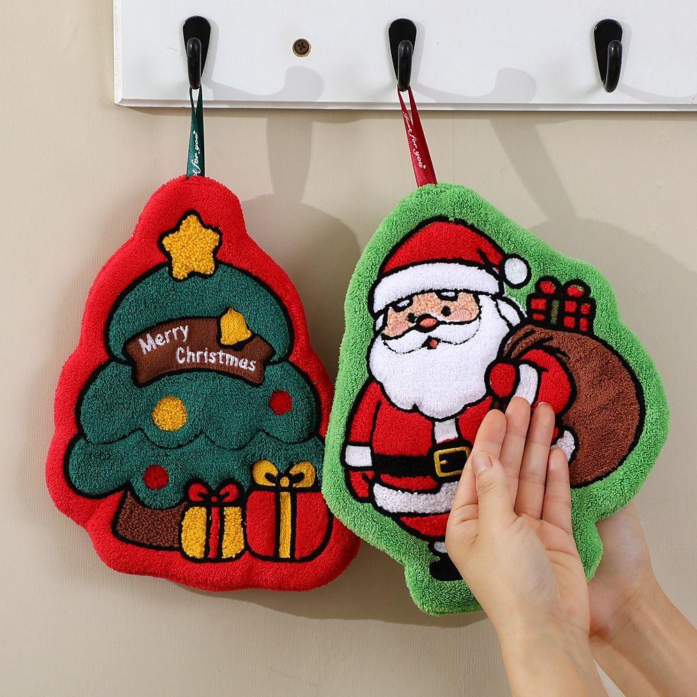 Creative Xmas Hanging Hand Towel Kawaii Santa Claus Handkerchief Kitchen Cleaning