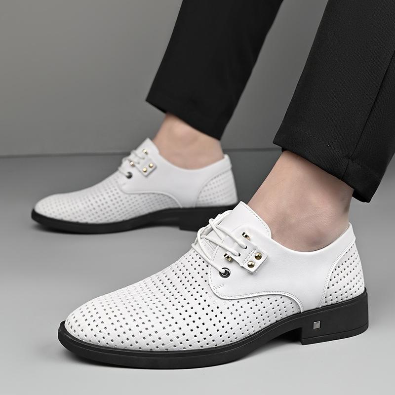 White leather shoes 2025 new men's business casual men's shoes breathable hollow leather shoes