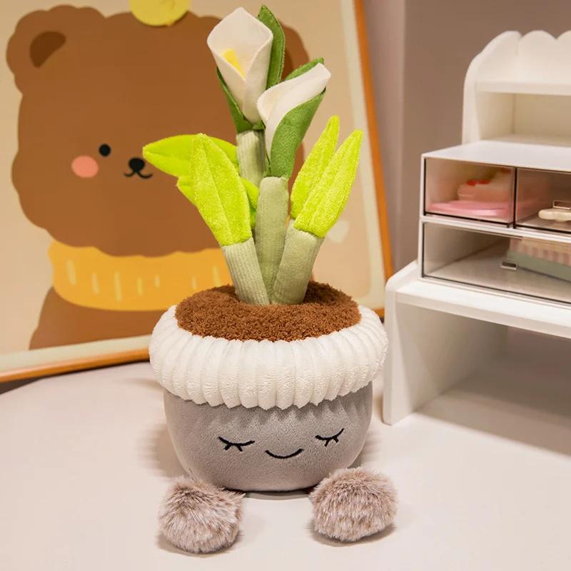 Kawaii Stuffed Plush Plants Lifelike Potted Plant Plush Doll Calla Lily Cactus Little Pink Flower Sunflower Pillow Toy Decor