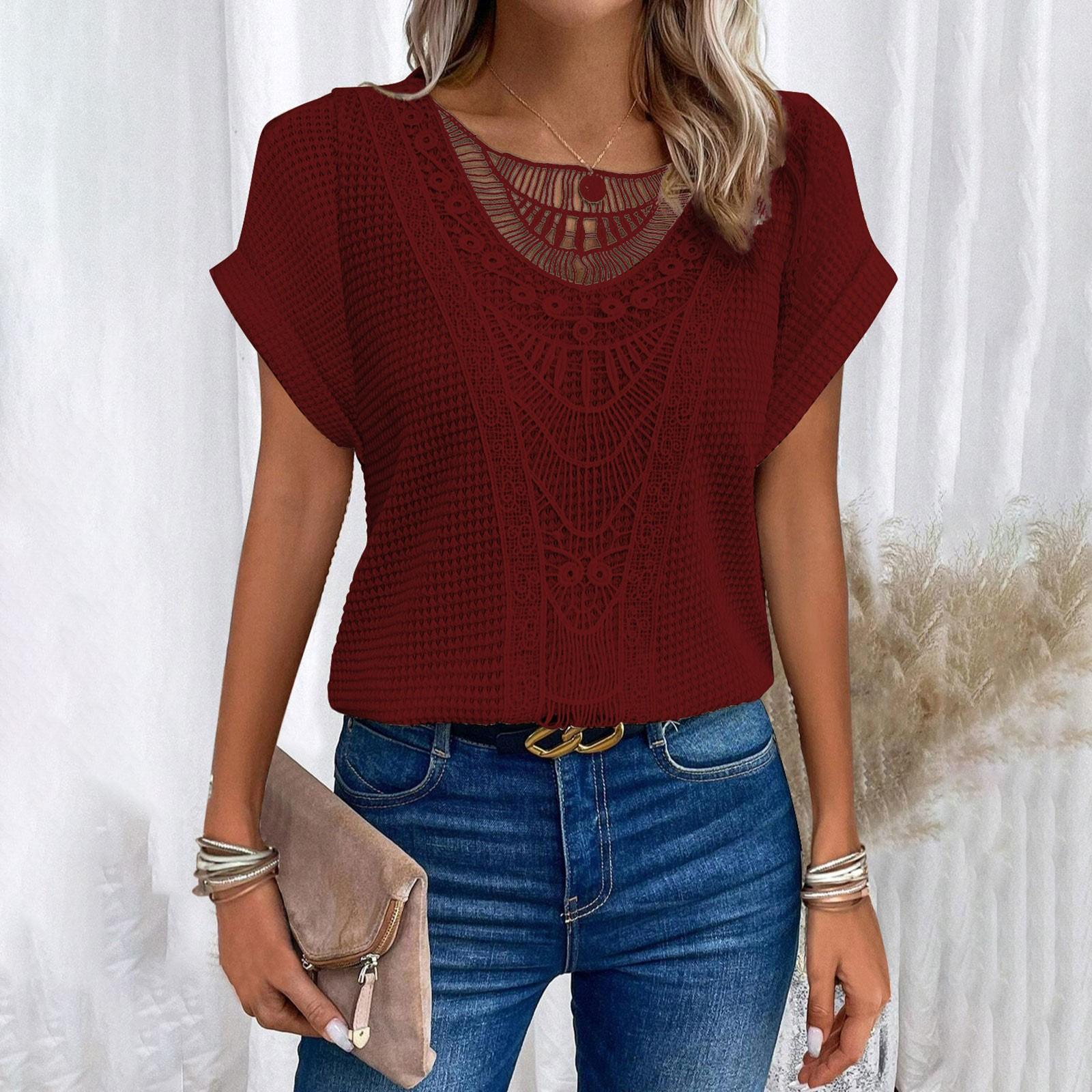 

Женские весенне-летние кружевные футболки с короткими рукавами и топами L винный