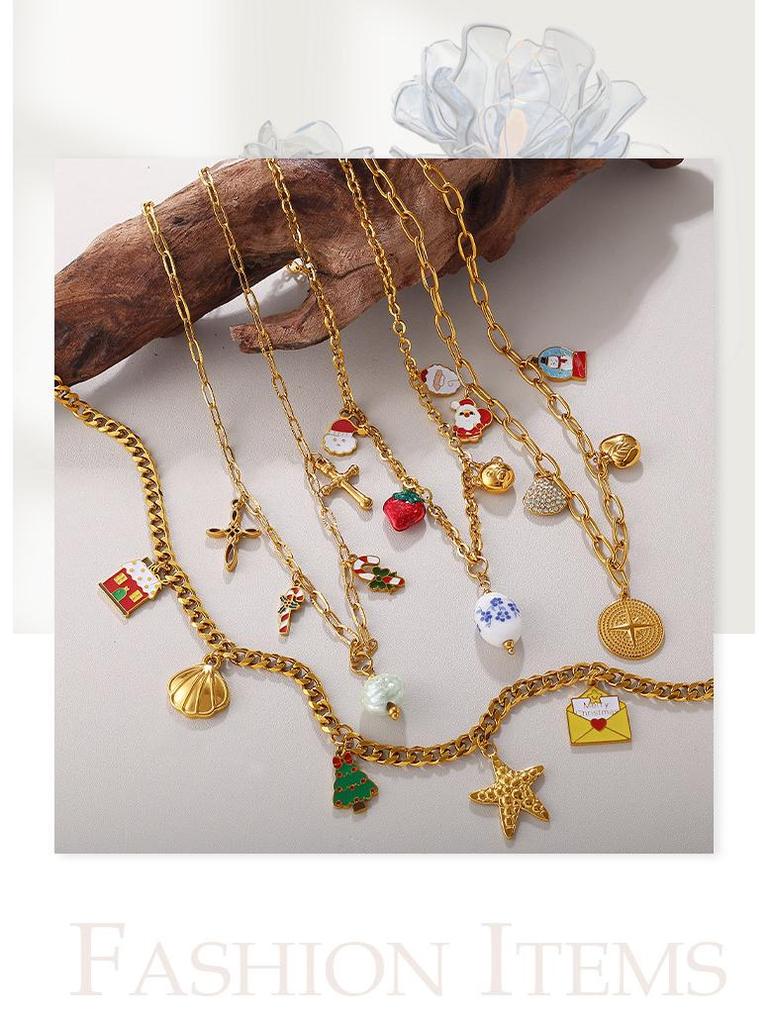 Colar Pingente de Natal DIY Europeu e Americano: Aço Inoxidável Banhado a Ouro 18K, Design de Desenho Animado Fashion para Mulheres.
