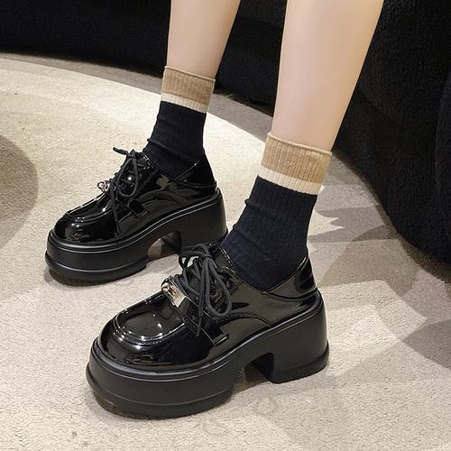fashion 2024 Lace Up Spring Women Pumps Black Loafers Chunky 7.5CM High Heels High Platform British Autumn Ladies Thick Bottoms Shoes
