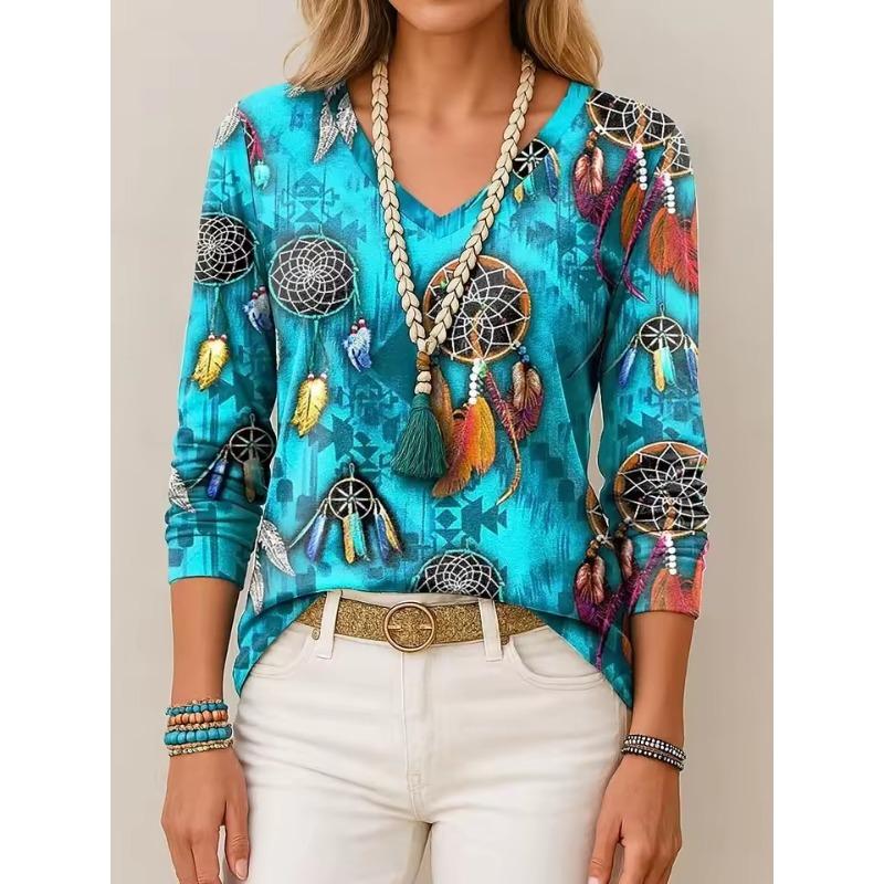 Women's T-Shirt 3D Print Ethnic Graphic Feather Elegant Fashion Tees Long Sleeve T-shirts V-Neck Regular Tops Pullover Fall Winter