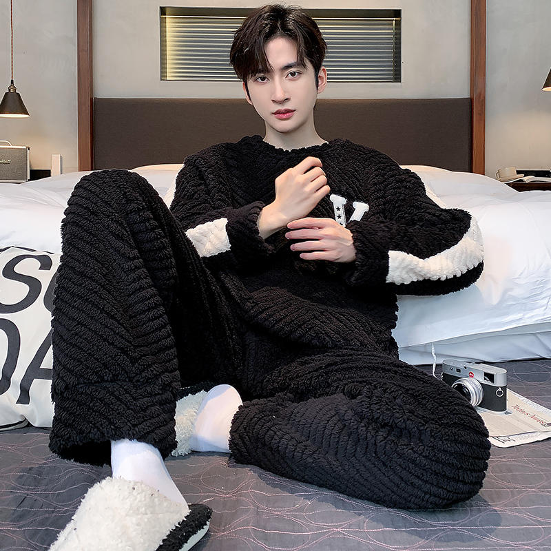 Fashion Winter Flannel Sleepwear For Men 2 Pieces Set Pijamas Male Coral Fleece Warm Pjs Nightwear Pyjamas Homme