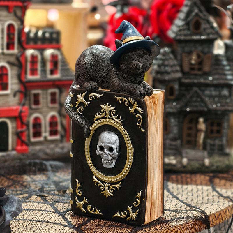Halloween Ghost Hand Magic Book/Cat-on-Book Figurine Sculpture for Home Decor, Bedroom, Living Room, Entryway, and Holiday Decor