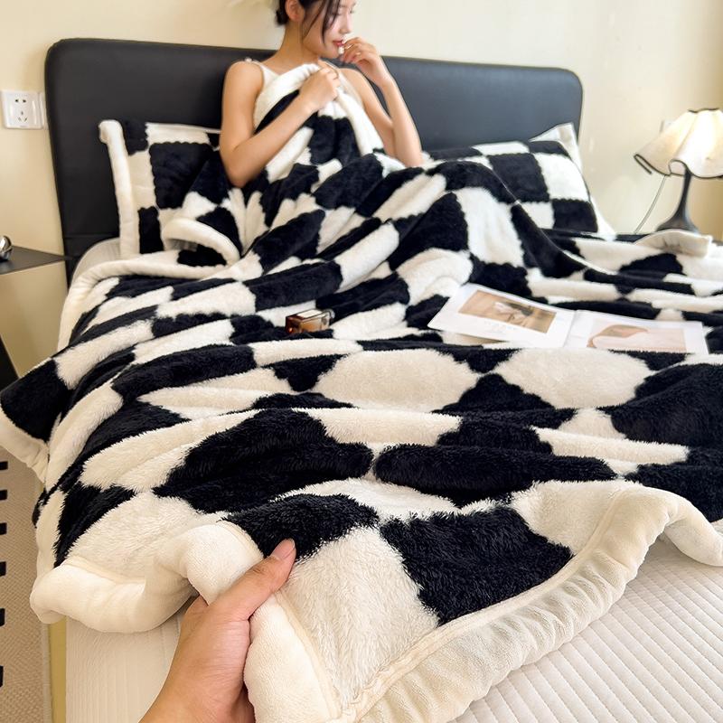 Checkerboard Double Layer Fleece Blanket Autumn Winter Warm Thick Plush Blanket for Bed Single Double Fluffy Soft Throw for Sofa