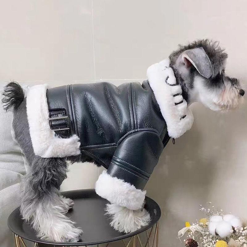 Dog Clothes Winter Thickened Trendy Brand Fur Integrated Motorcycle Jacket for Small Dogs Teddy Pomeranian Schnauzer Cats