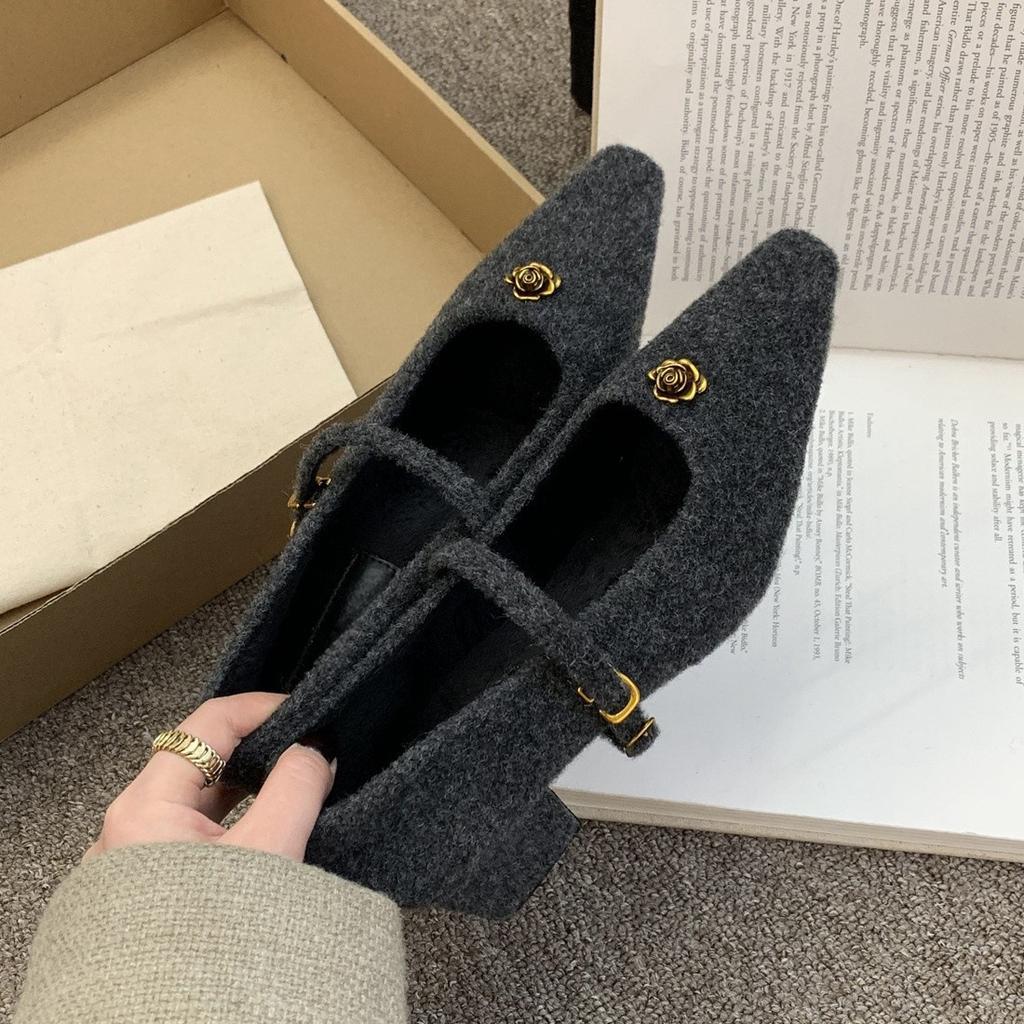 Gray Fluffy Shoes Women Wear New Winter French Fairy Fleece Single Shoes Thick Heel Mary Jane High Heels