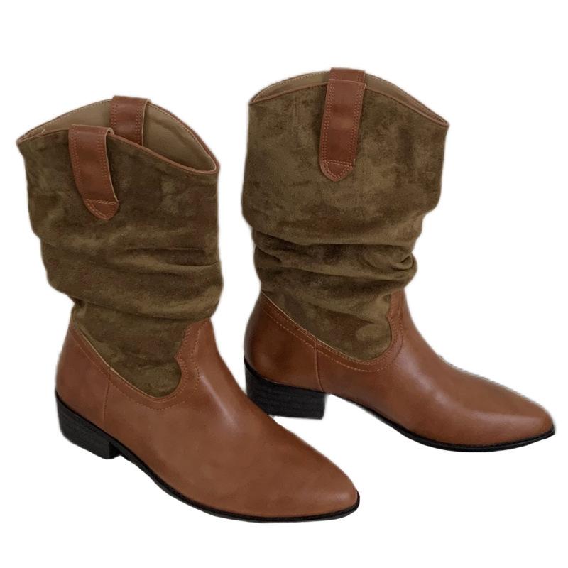 Thick heel pointed mid boots pleated stacked boots women's 2025 autumn and winter new retro thin boots short boots women's Martin boots