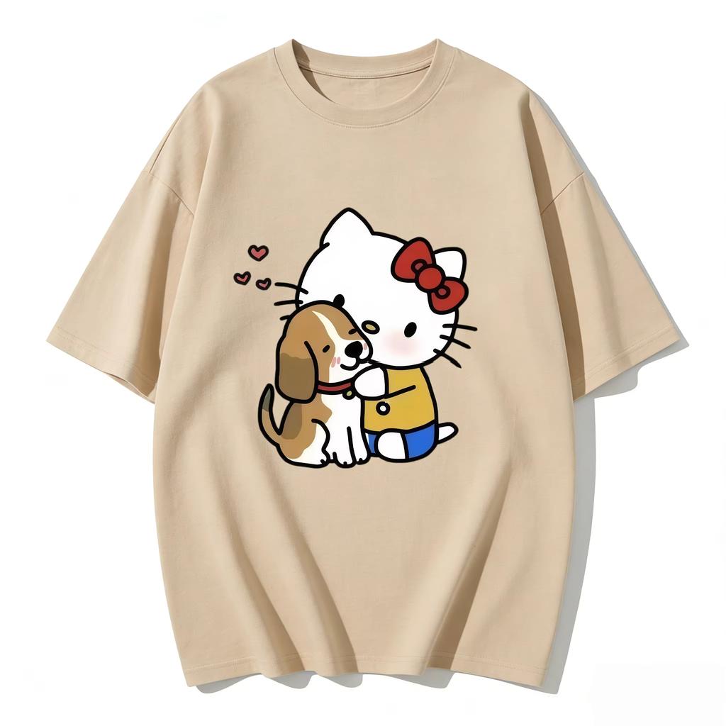 2026 New Summer HelloKitty Cute Graphic Tee Casual Short Sleeve Cotton Top for Women Girls Kawaii Cartoon Print Streetwear