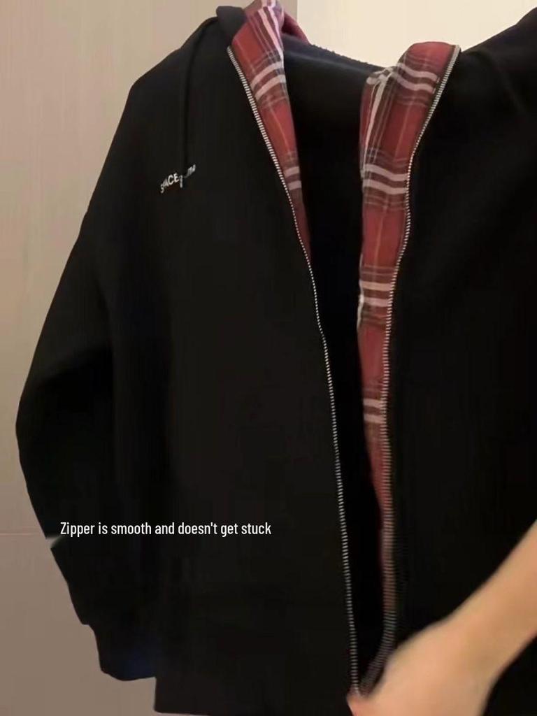 Women's Black Plaid Fleece-Lined Hooded Zip-Up Sweatshirt - Unique Design for Bestie Couples